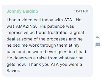 Johnny Baldino: He was AMAZING. He deserves a raise. Thank you ATA you were a Savior.