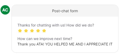 Post-chat 5-star: Thank you ATA! YOU HELPED ME AND I APPRECIATE IT
